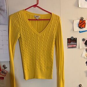 Express Yellow V-Neck Cable Knit Sweater